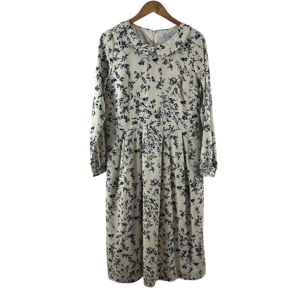 Sweet Salt Womens‎ Floral Peter Pan Collar Midi Dress Cream Navy Blue Size 10